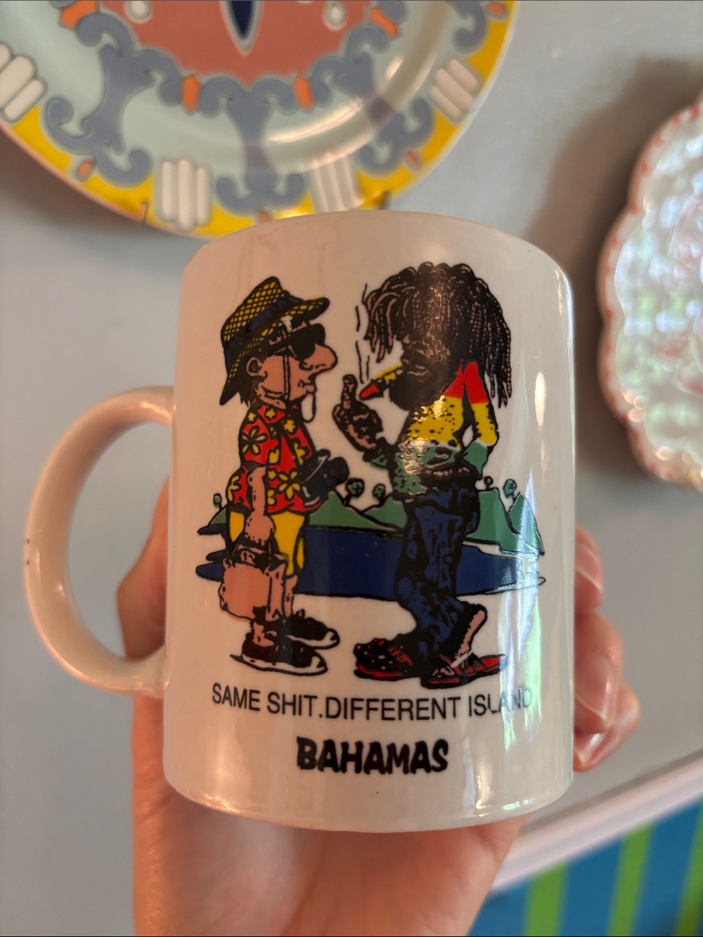 Bahamas Novelty Souvenir Coffee Mug White Multicolor Cartoon Print Tourist Rasta